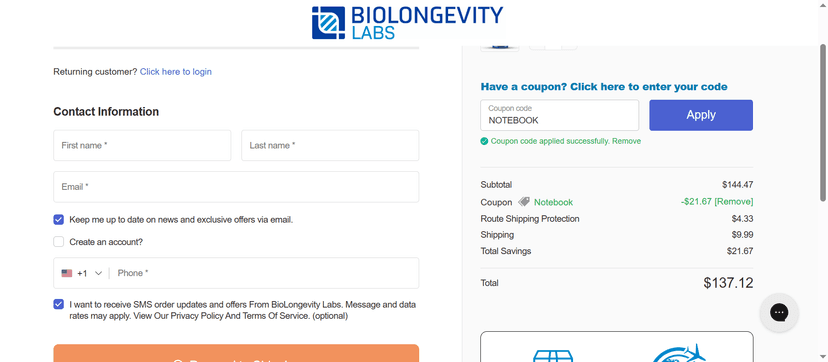 First Order Discount - 10% Off at Biolongevity Labs